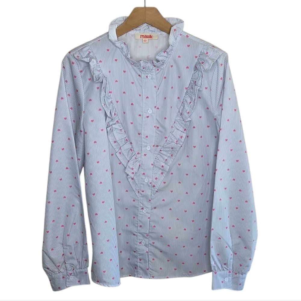 Mazik Blue-Gray White Striped Pink Hearts Ruffle Button Front Shirt Size Large